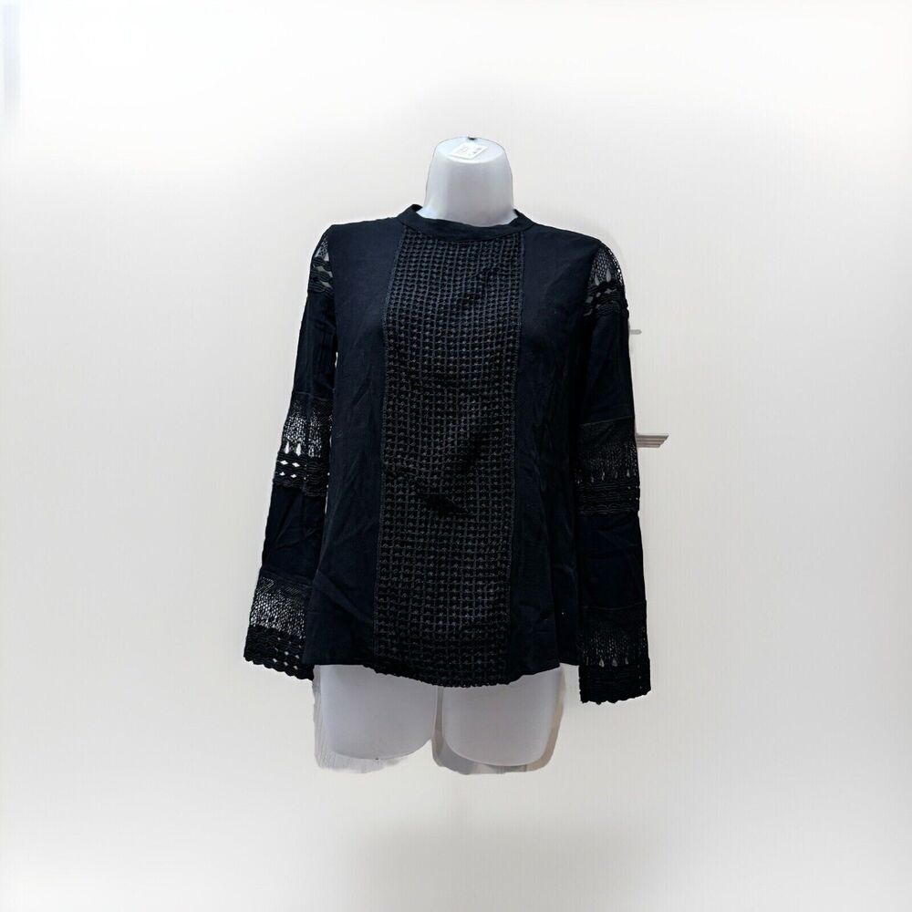 NWT Boutiquen Embroidered Black Blouse Top Lace Sheer Medium